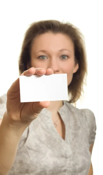 Woman Holding Blank Paper Sign Card — Stock Photo, Image