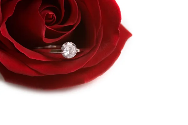 Διαμάντι δαχτυλίδι σε ένα κόκκινο τριαντάφυλλο — Φωτογραφία Αρχείου