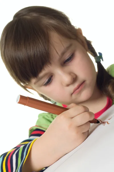 Cute girl draws color marker — Stock Photo, Image