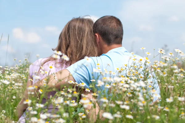 Liefdevol Paar Elkaar Zitten Het Midden Van Bloemen Chamomiles Focus — Stockfoto