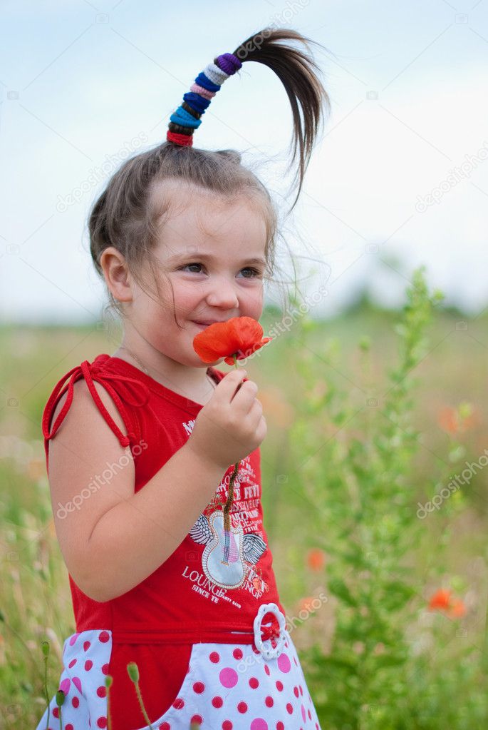 Cute child girl in poppy field