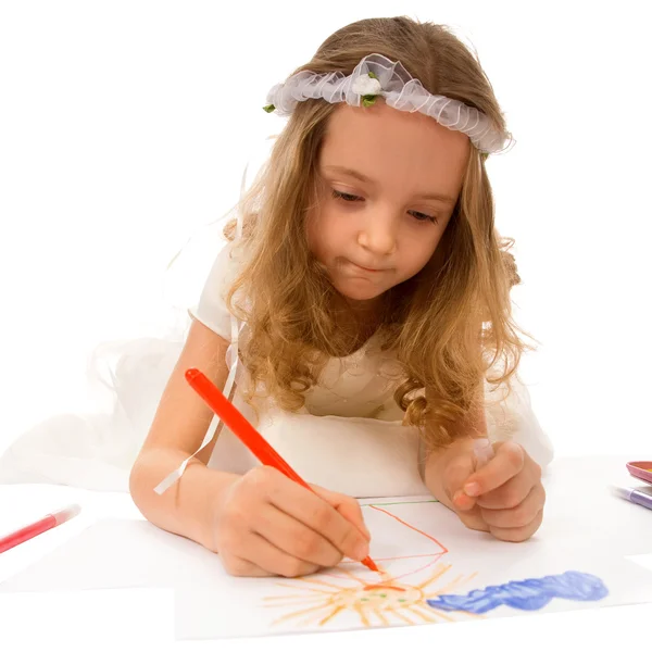 Young Girl Painted White Paper White Background — Stock Photo, Image