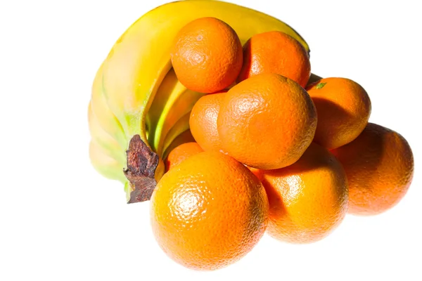 Čerstvé Mandarinky Banány Izolované Bílém — Stock fotografie