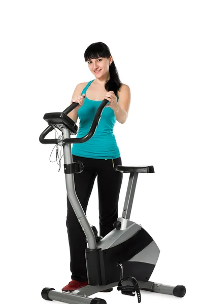 Beauty Woman Working Out Stationary Bicycle — Stock Photo, Image