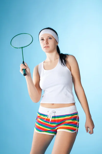 Mulher Beleza Com Raquete Badminton Isolado Azul — Fotografia de Stock