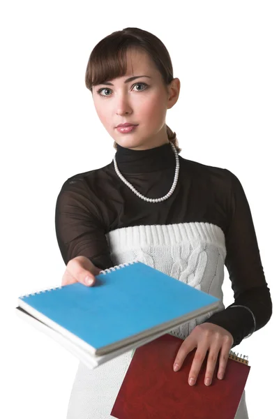 Young Student Giving Notebook White Background — Stock Photo, Image