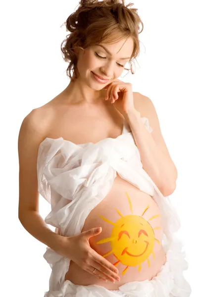 Hamile Bir Kadının Karnı Üzerinde Boyalı Güneş Ile — Stok fotoğraf