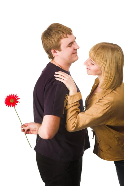 Casal Com Uma Flor Isolada Branco — Fotografia de Stock