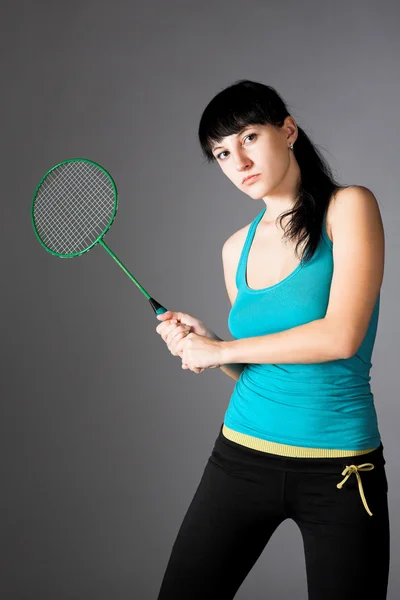 Femme Beauté Avec Raquette Badminton Isolée Sur Gris — Photo