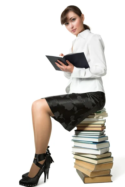 Estudante Sentado Pilha Livros — Fotografia de Stock