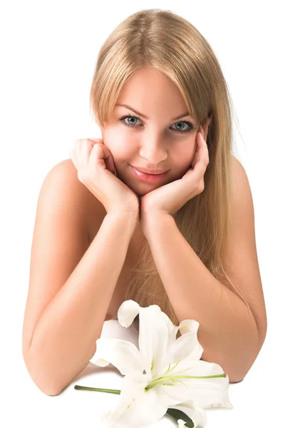 Mujer Desnuda Con Lirio Aislado Blanco — Foto de Stock