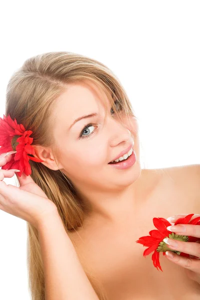 Donna Nuda Con Fiore Rosso Isolato Bianco — Foto Stock