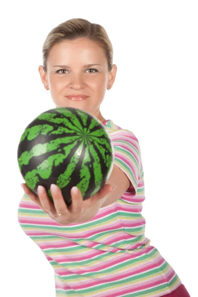 Schoonheid Vrouw Met Water Meloen Geïsoleerd Wit Backround — Stockfoto