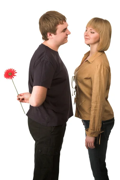 Paar Mit Einer Blume Isoliert Auf Weiß — Stockfoto