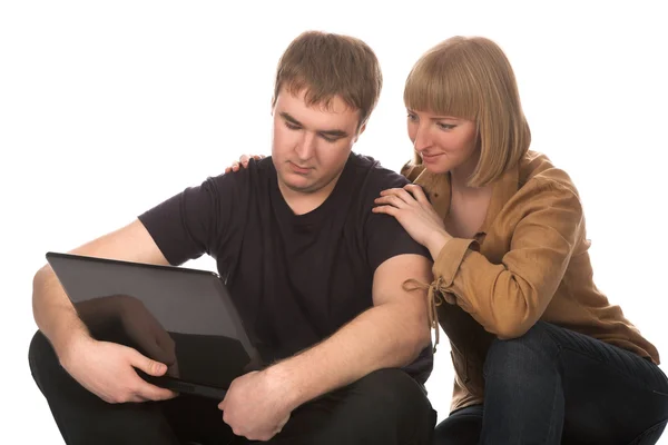 Friendly Young Couple Working Laptop Computer — Stock Photo, Image