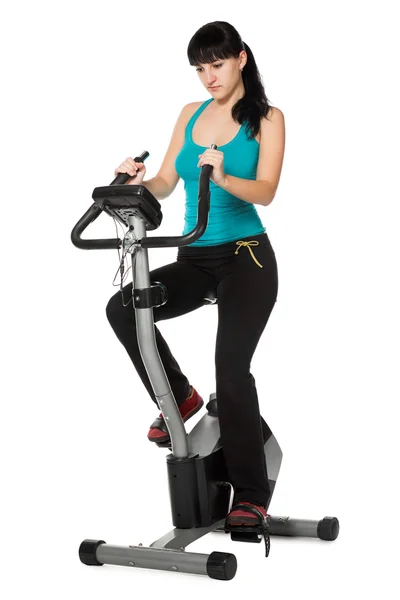 Beauty Woman Working Out Stationary Bicycle — Stock Photo, Image