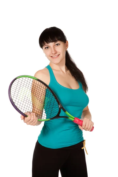 白い背景で隔離の女性のテニス選手 — ストック写真