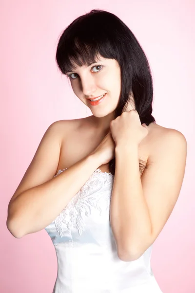Fiatal Szépség Menyasszony Elszigetelt Rózsaszín Háttér — Stock Fotó