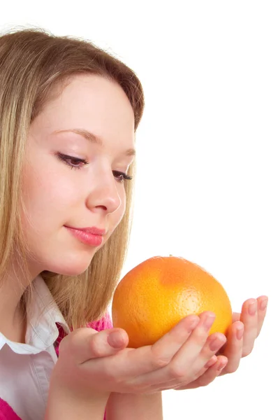 Beautiful girl with a grapefruit — Stock Photo, Image