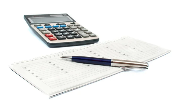 Калькулятор, ручка, щоденник — стокове фото