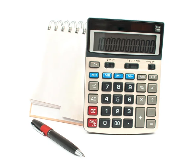 Kalkulator, długopis, pamiętnik — Zdjęcie stockowe