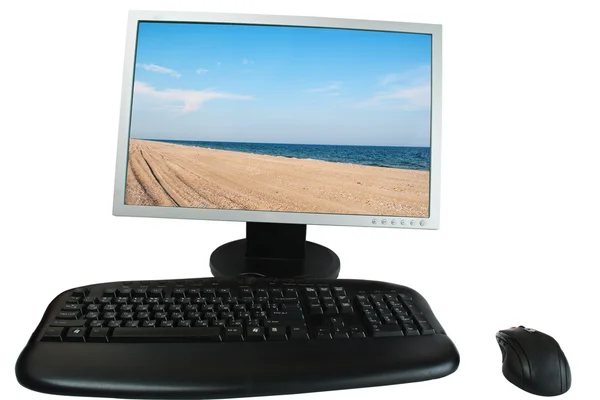 Monitor komputerowy, klawiatura i mysz — Zdjęcie stockowe