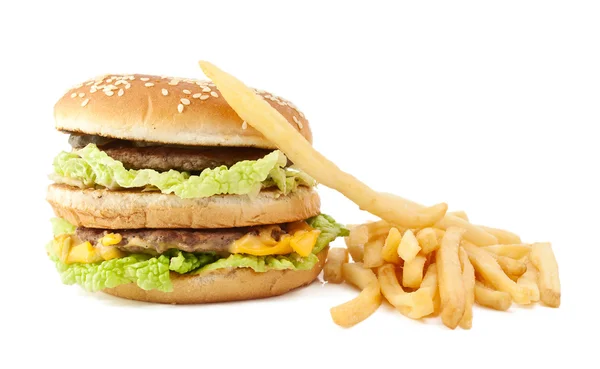 Cheeseburger Met Frietjes Een Witte Achtergrond — Stockfoto