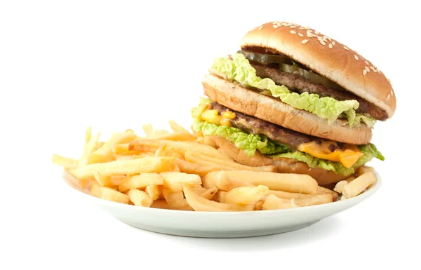 Cheeseburger Con Patatine Fondo Bianco — Foto Stock
