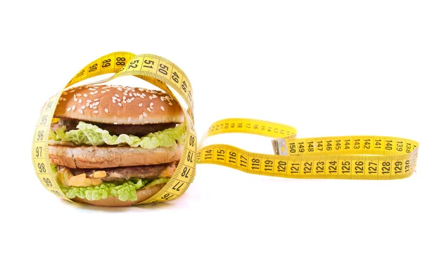 Cheeseburger Und Zentimeter Auf Weißem Hintergrund — Stockfoto