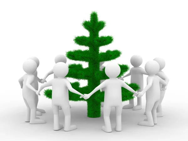 Grupo em torno da árvore de Natal. Imagem 3d isolada — Fotografia de Stock