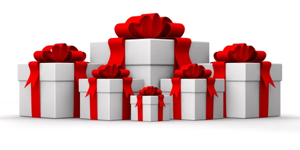 Groep witte geschenkdoos. geïsoleerde 3D-beeld — Stockfoto