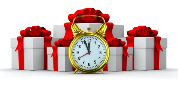 Alarm clock and white gift box. Isolated 3D image — Stock Photo, Image