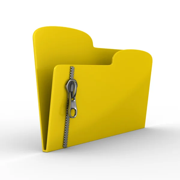 Żółty komputer folder z zamkiem błyskawicznym. na białym tle obraz 3d — Zdjęcie stockowe