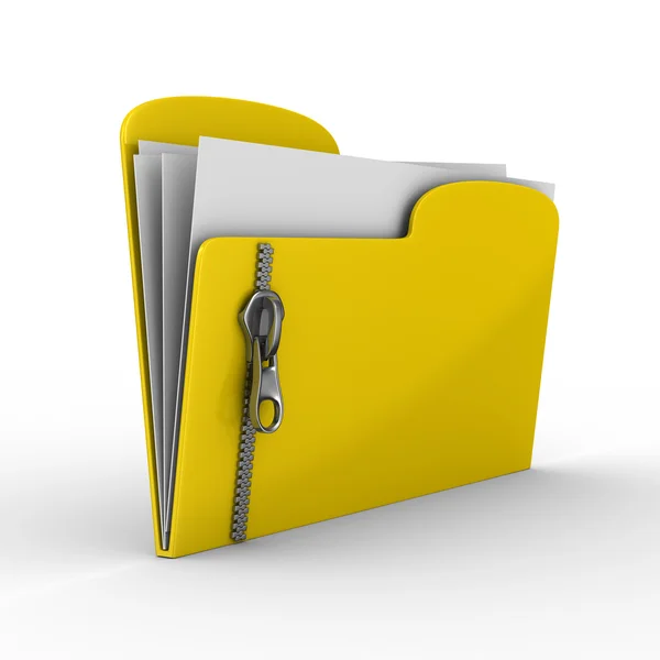 Żółty komputer folder z zamkiem błyskawicznym. na białym tle obraz 3d — Zdjęcie stockowe