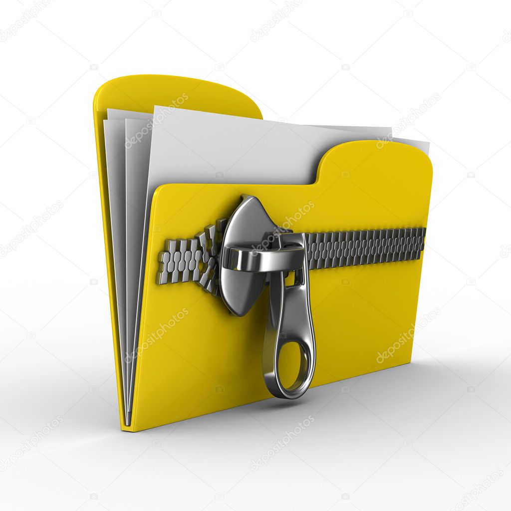 Yellow computer folder with zipper. Isolated 3d image