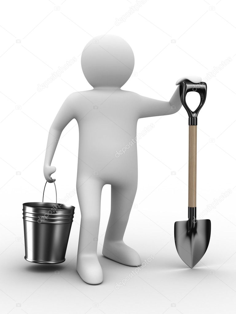 Man with bucket and shovel on white background. Isolated 3D imag