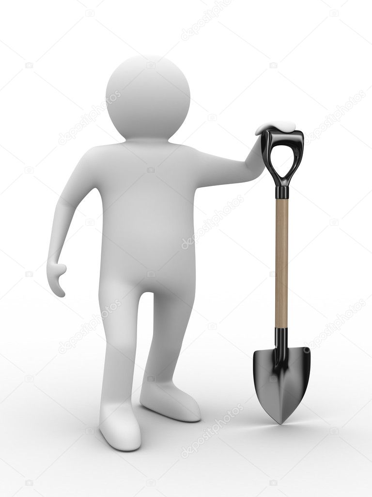 Man with bucket and shovel on white background. Isolated 3D imag