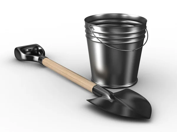 Shovel and bucket on white background. Isolated 3D image — Stock Photo, Image