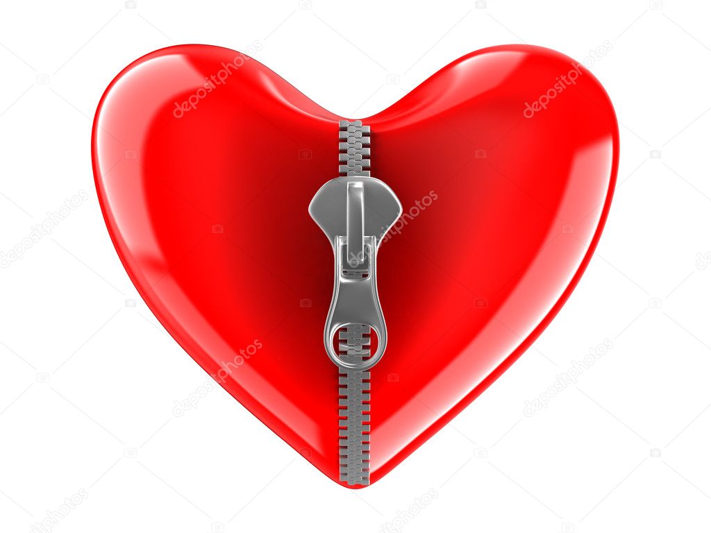 Zipper in heart. Isolated 3D image on white