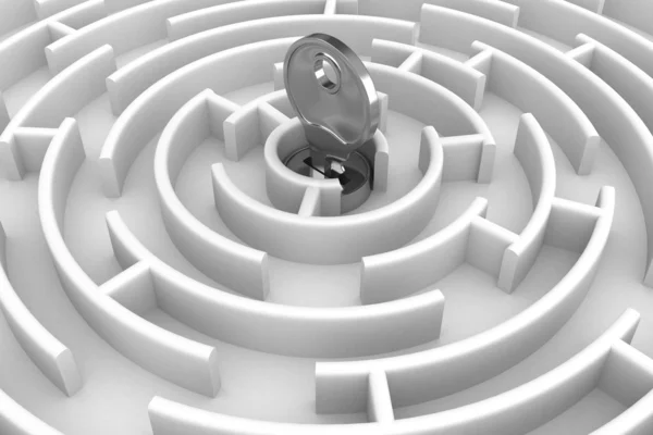 White circle labyrinth with key. 3D image — Stock Photo, Image