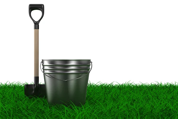 Pala y cubo en la hierba. herramienta de jardín. Imagen 3D aislada —  Fotos de Stock