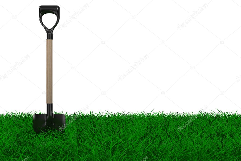 Shovel on grass. garden tool. Isolated 3D image