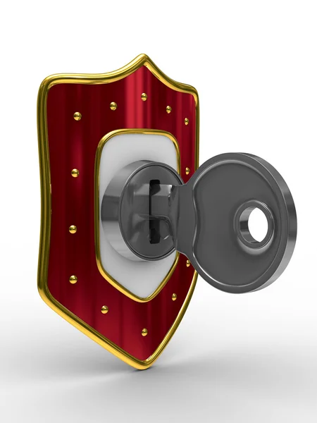 Escudo vermelho com chave. Imagem 3D isolada — Fotografia de Stock