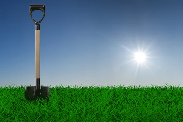Лопата на траве. садовый инструмент 3D изображение — стоковое фото