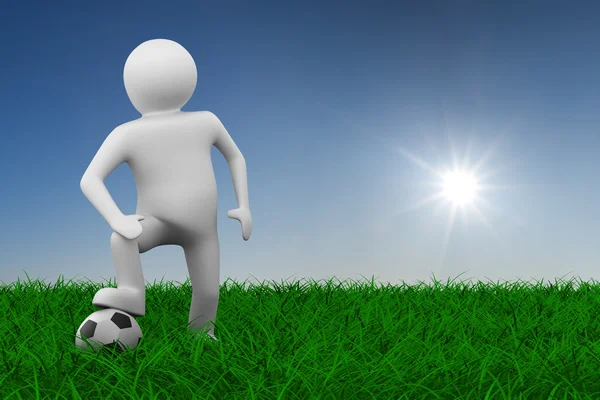 Fotbalový hráč s míčem na trávě. 3D obrázek — Stock fotografie