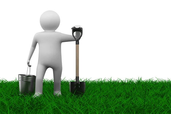 Человек с ведром и лопатой на траве. Изолированное 3D изображение — стоковое фото