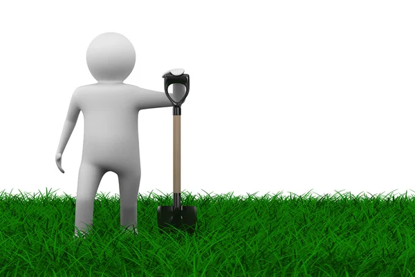 Uomo con pala sull'erba. Immagine 3D isolata — Foto Stock
