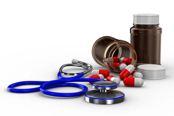 Stethoscope and pills on white background. Isolated 3D image — Stock Photo, Image