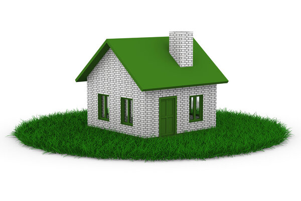 House on grass. Isolated 3D image on white