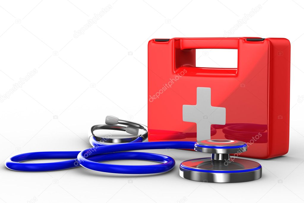 Stethoscope and first aid on white background. Isolated 3D image